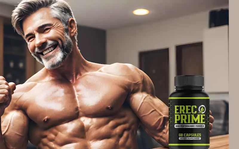 Fit mature man holding ErecPrime supplement for men's vitality and active lifestyle.