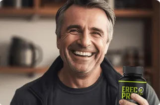 Happy customer holding ErecPrime supplement bottle in a lifestyle setting.